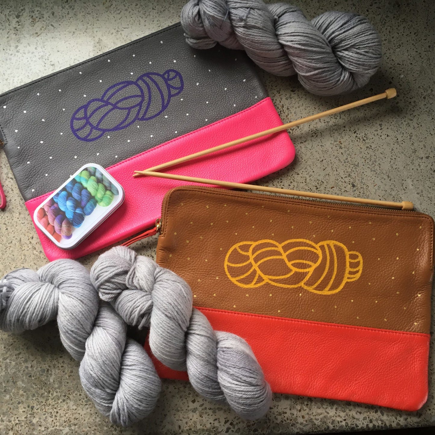 Handpainted Leather Pouch - Keep Calm and Carry Yarn