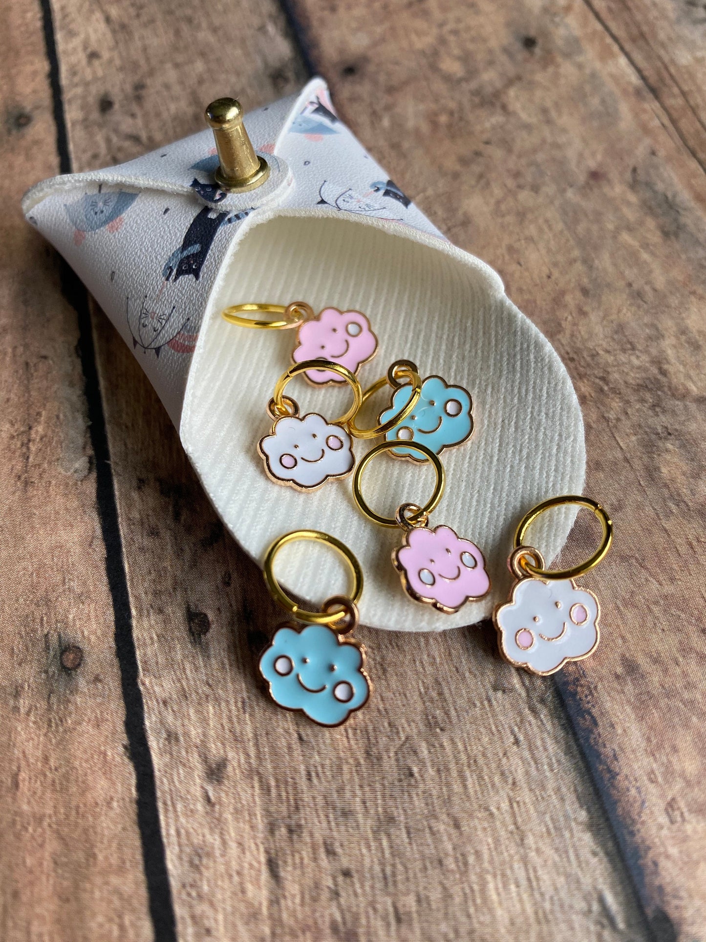 Happy Cloud Stitch Markers in Cat & Mouse Pouch