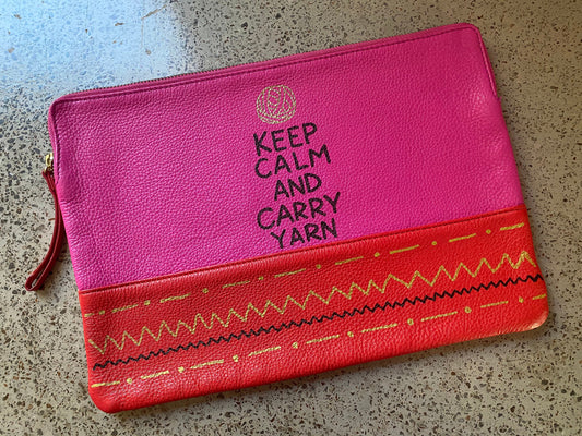 Handpainted Leather Pouch - Keep Calm and Carry Yarn