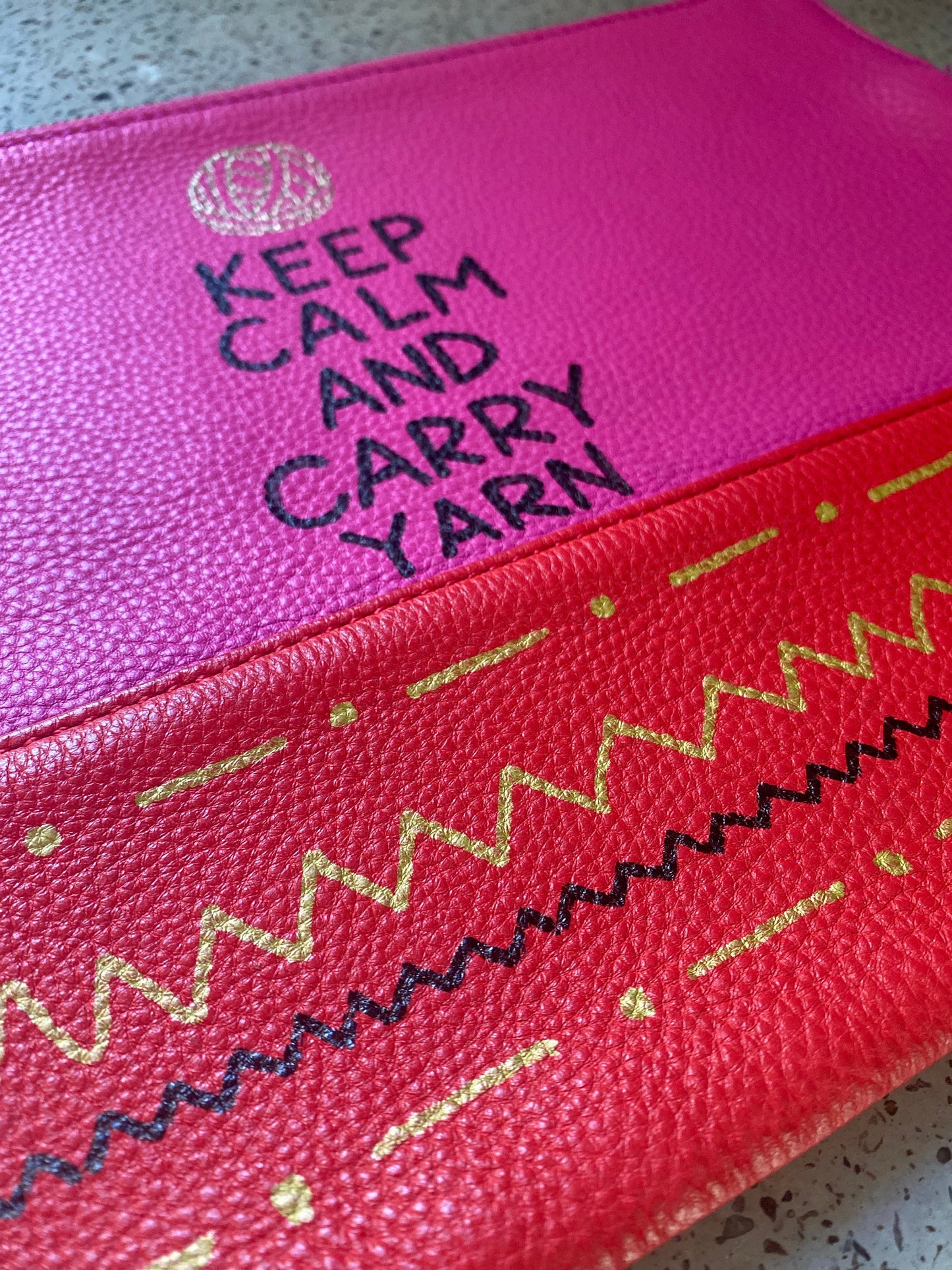 Handpainted Leather Pouch - Keep Calm and Carry Yarn