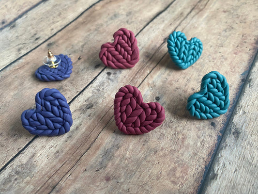 Knit heart stud earrings