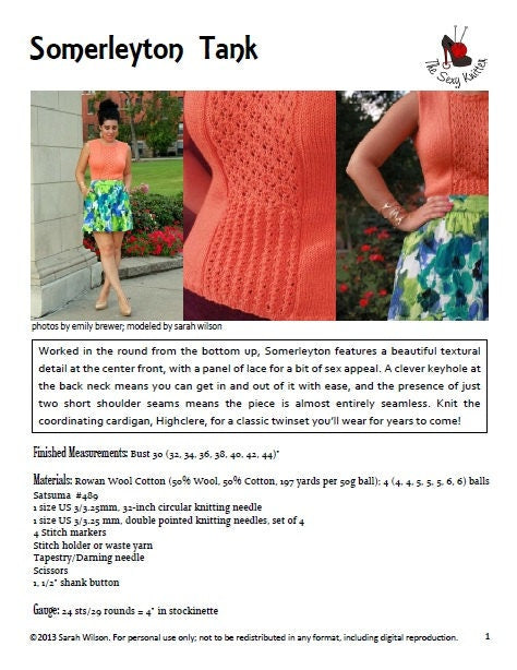 Somerleyton Knit Tank Top: PDF Knitting Pattern by The Sexy Knitter